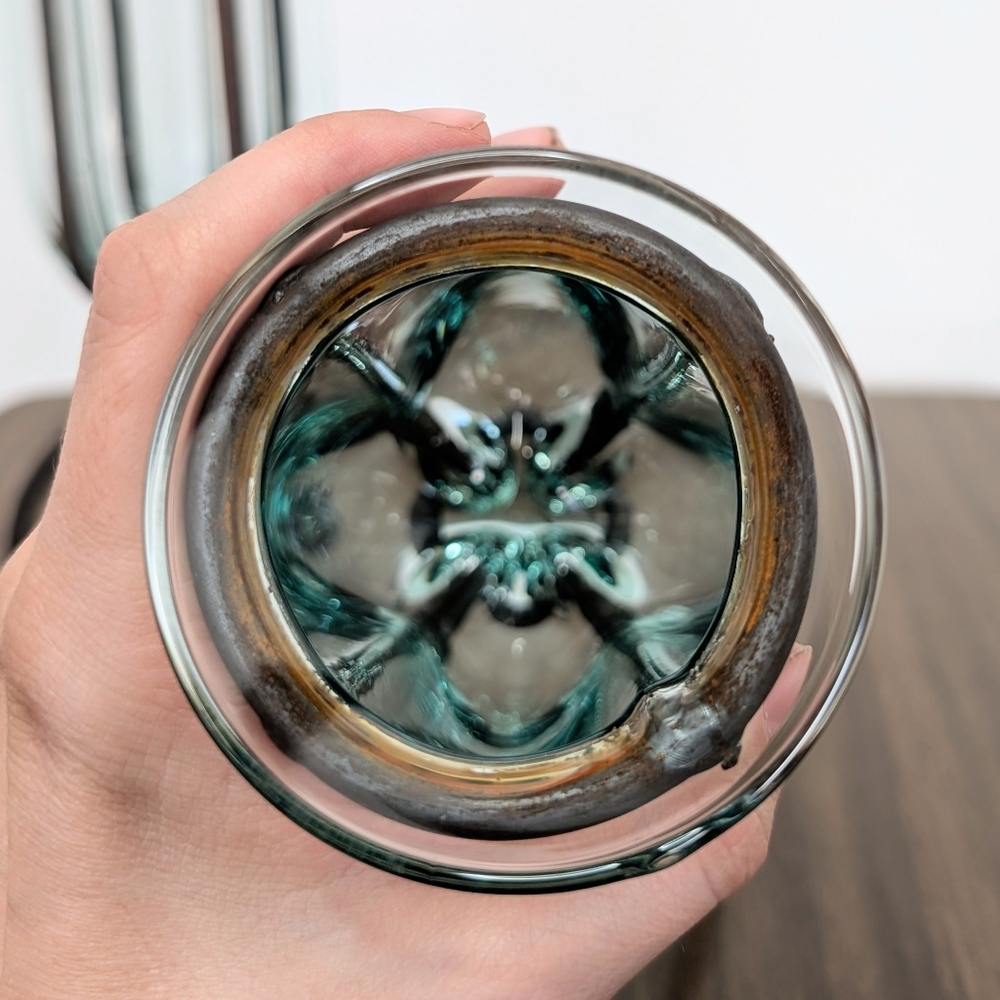 Pair Of Blown Caged Glass & Wrought Iron Metal Footed Vases Industrial Brutalist - Picture 6 of 14